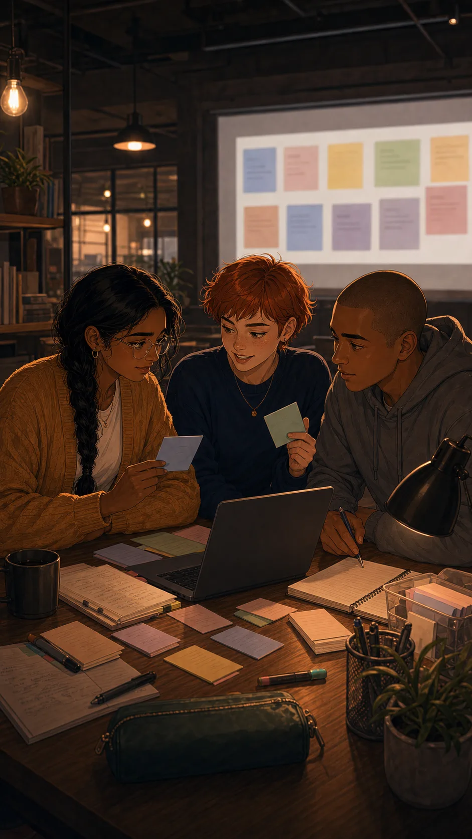 A fictional study group reviews a flashcard deck together in a generic room.