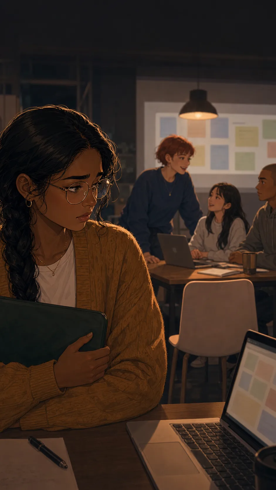 A fictional woman reacts to a blurred group message about a changed study time.