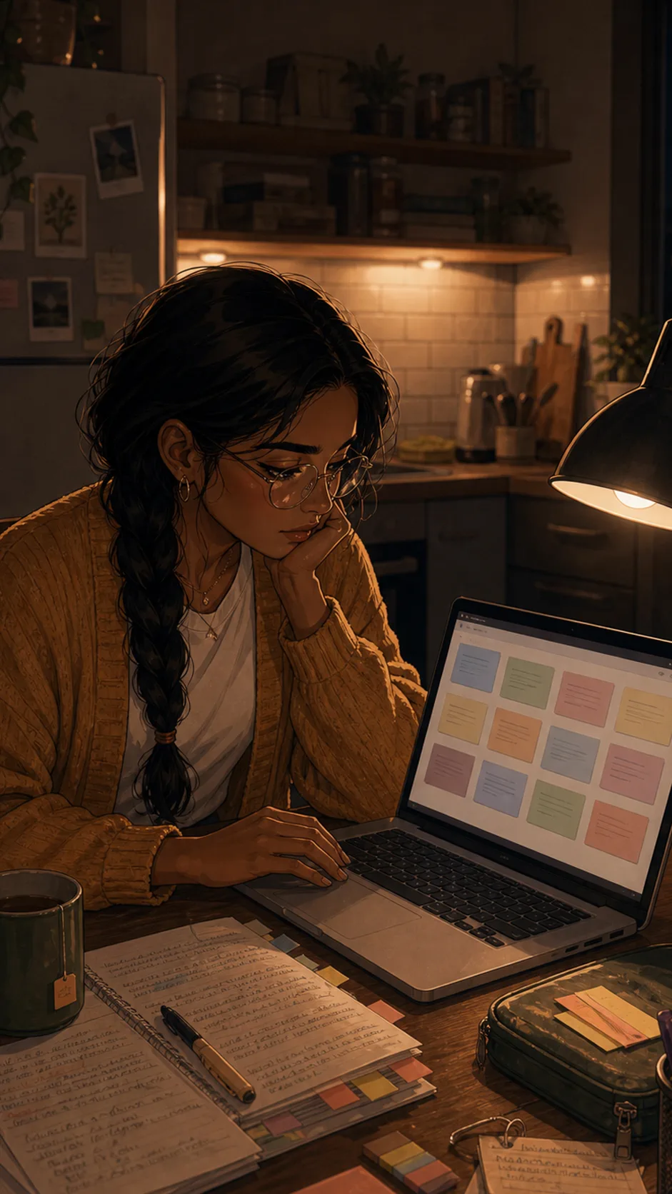 A fictional woman notices a blurred activity log showing her flashcard deck being used.