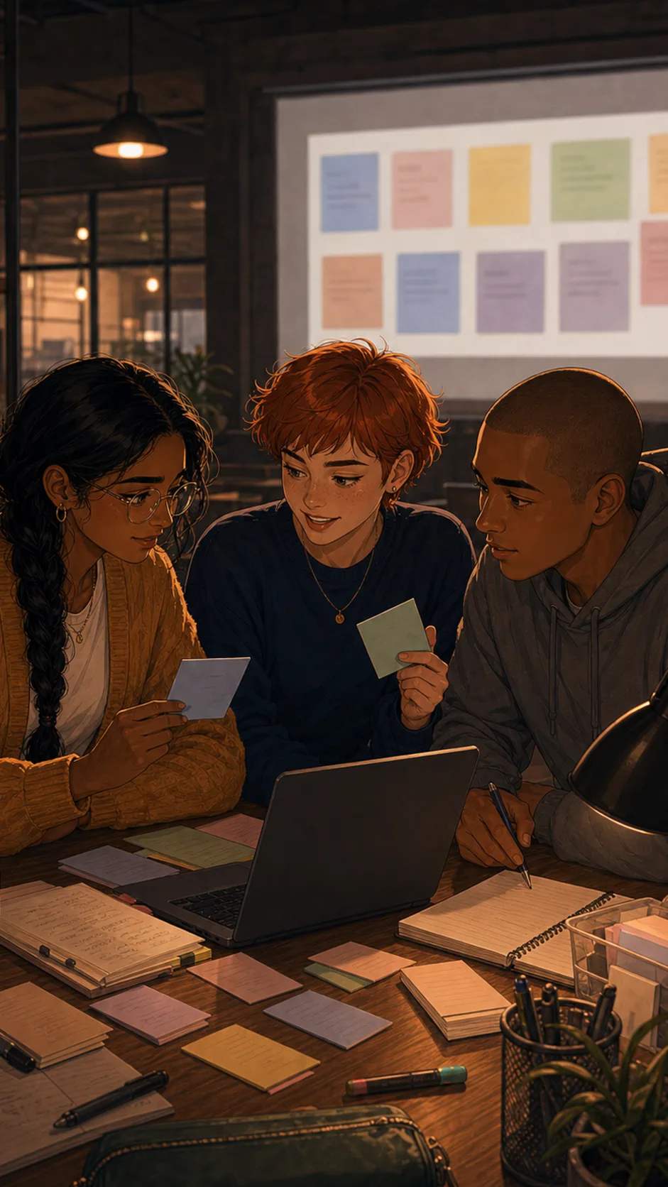 Two fictional study group members discuss a shared flashcard deck in a generic cafe.