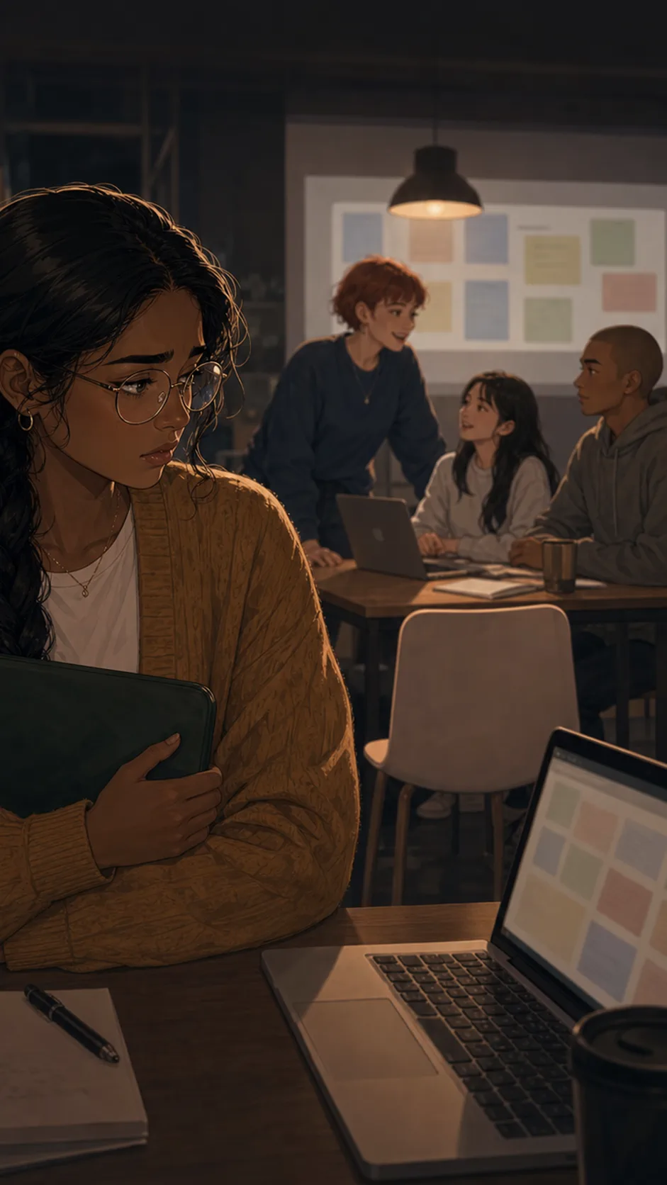 A fictional woman looks at a blurred recap photo of a study session using her deck without her.