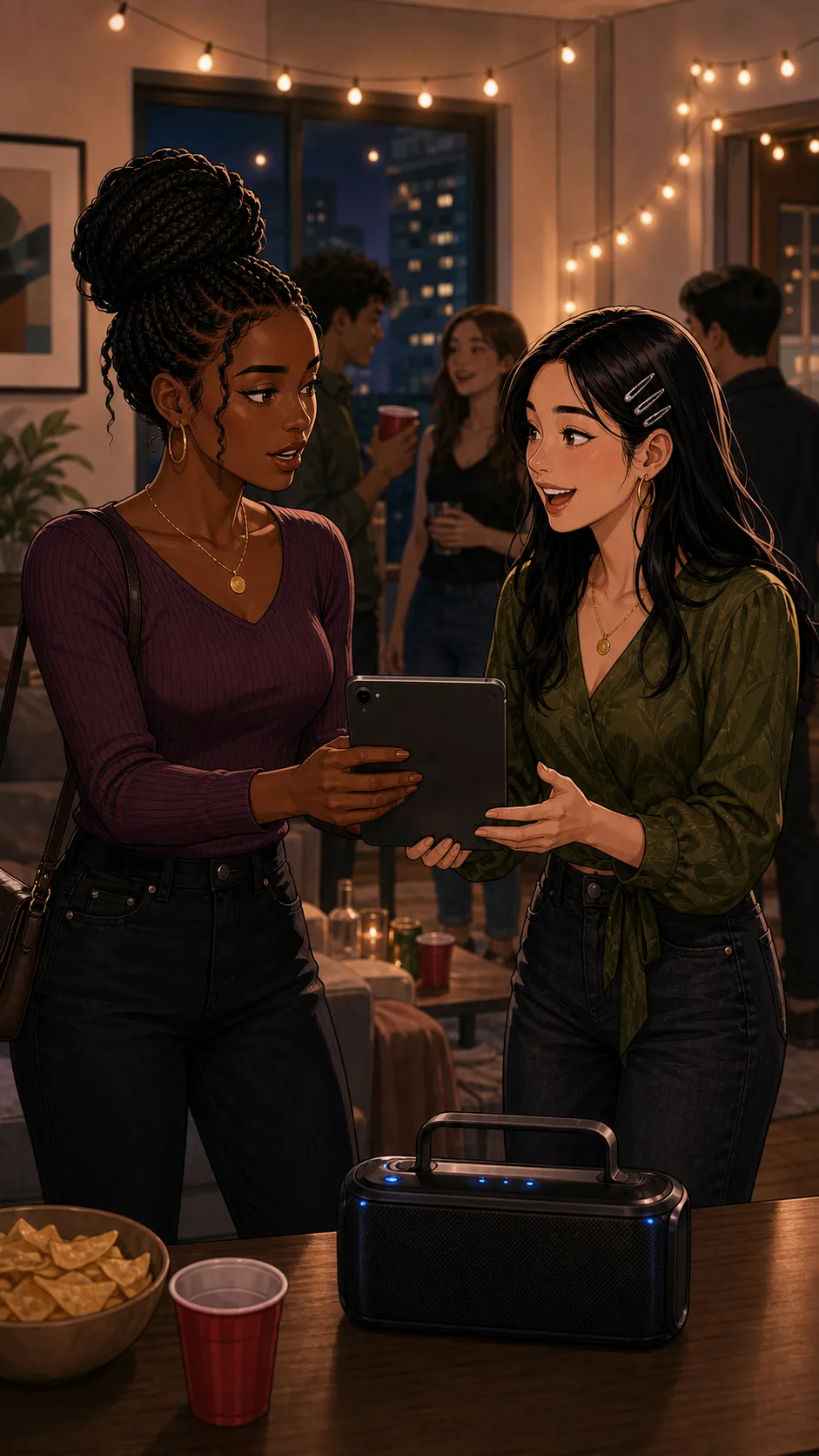 Jada lends Mina her tablet beside a small party speaker.