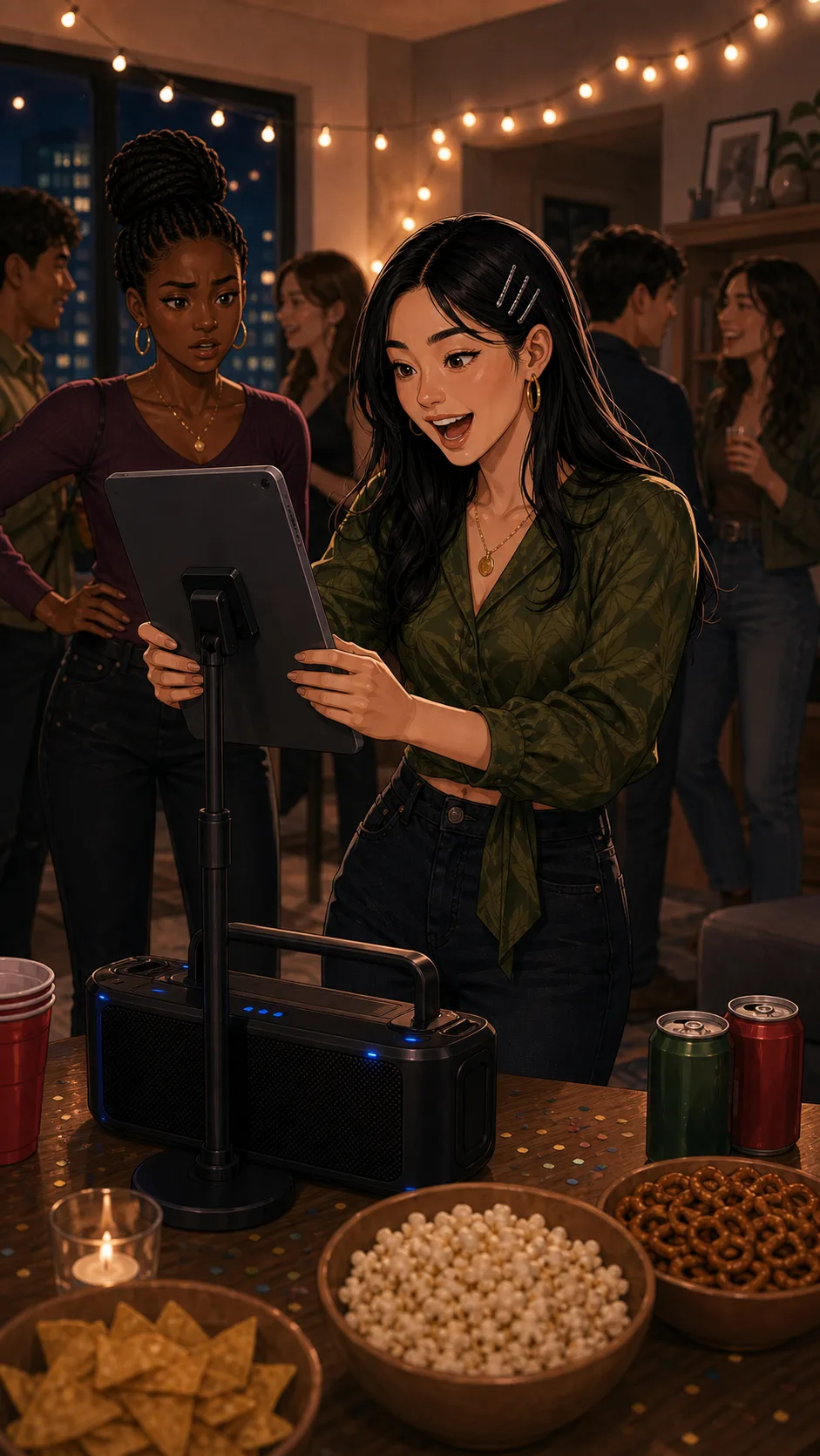 Mina controls music from the tablet near snacks and string lights.
