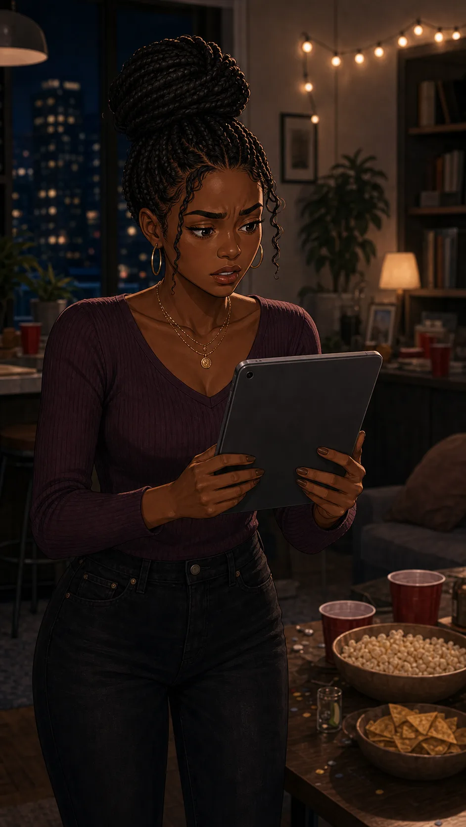 Jada holds the tablet after the party and looks uneasy.
