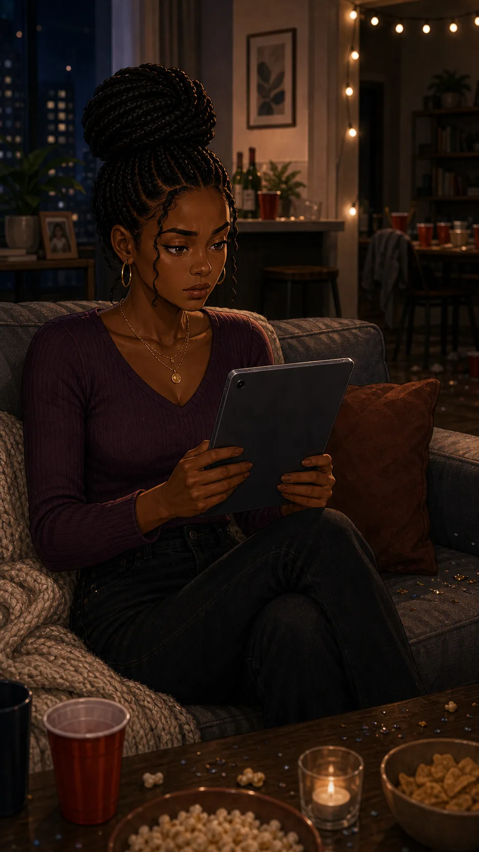 Jada holds the tablet after deciding what should happen to the party photos.