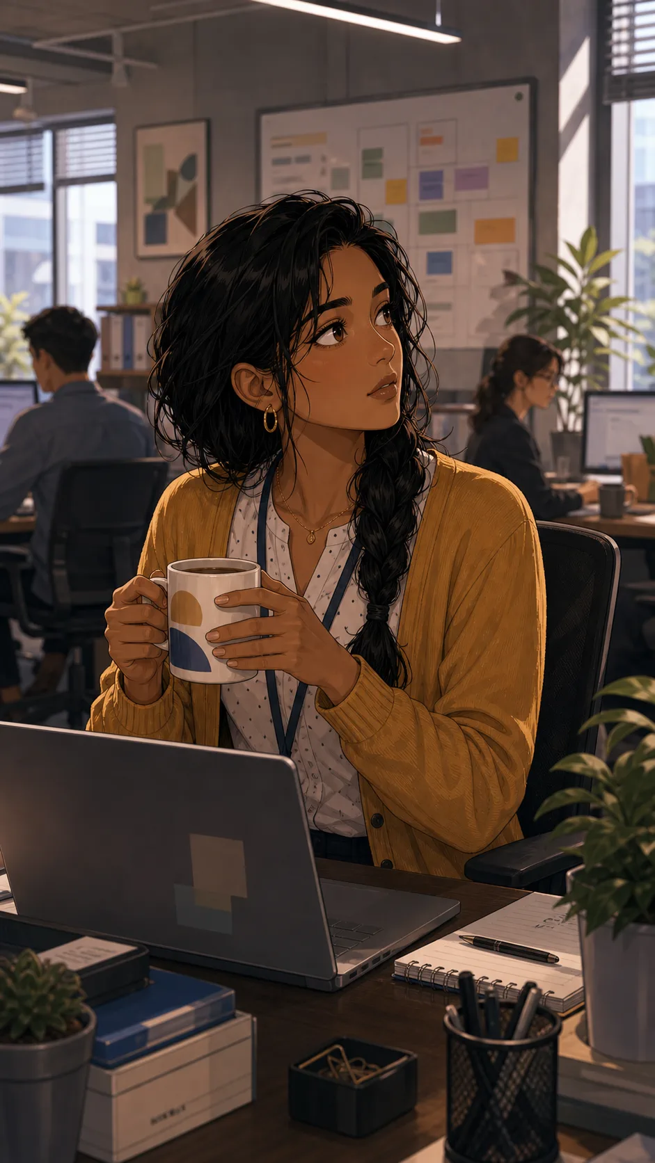 Sana holds her bright personal mug at her office desk.