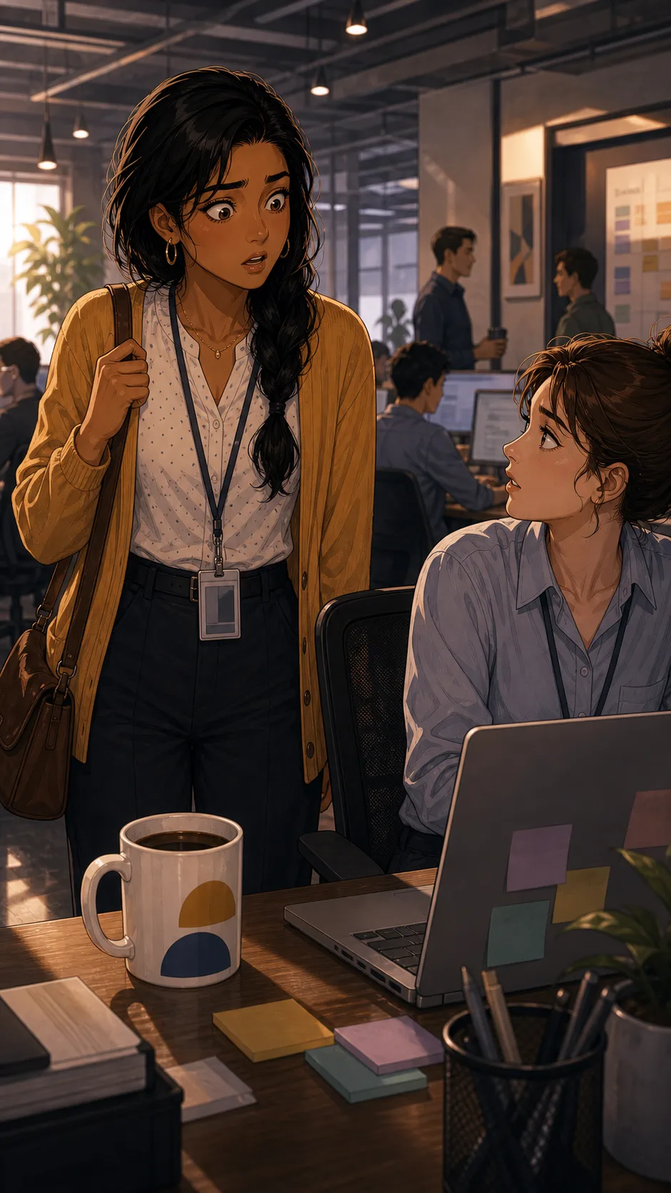 Sana finds her mug on another coworker's desk.