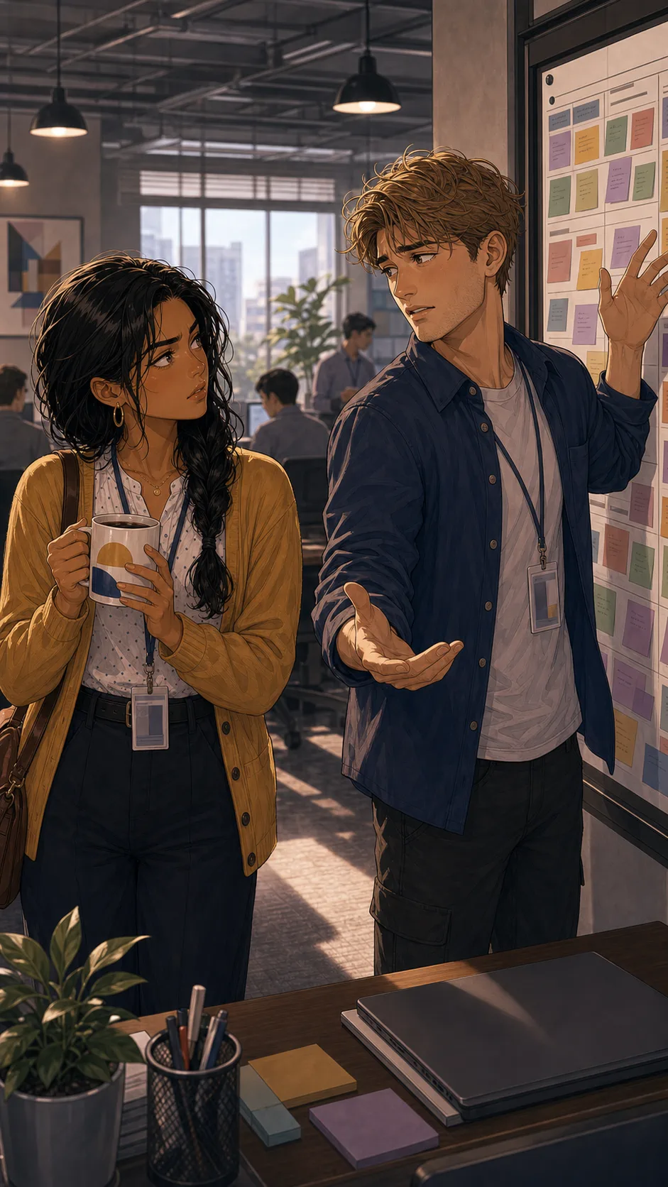 Sana and Eli discuss the mug near an office task board.