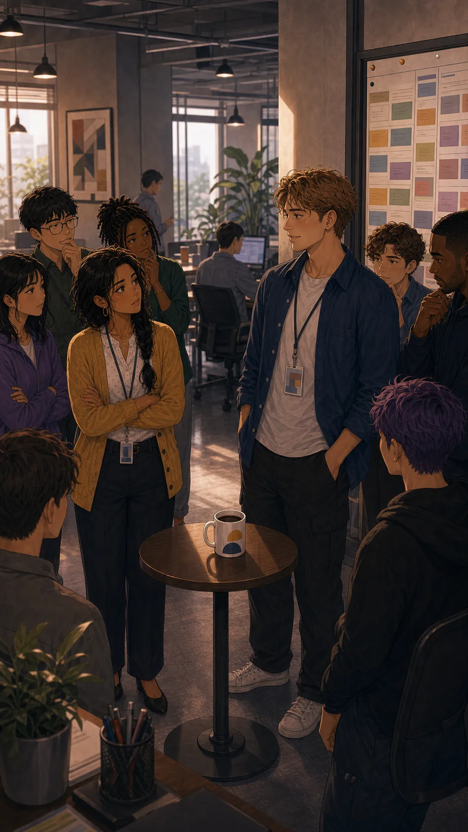 Coworkers split into two groups around Sana, Eli, and the mug.