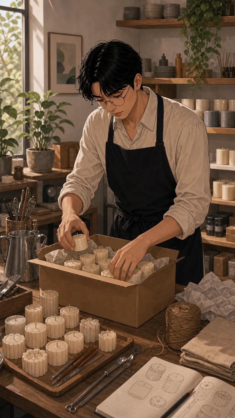Jun packs small handmade test candles into a box.