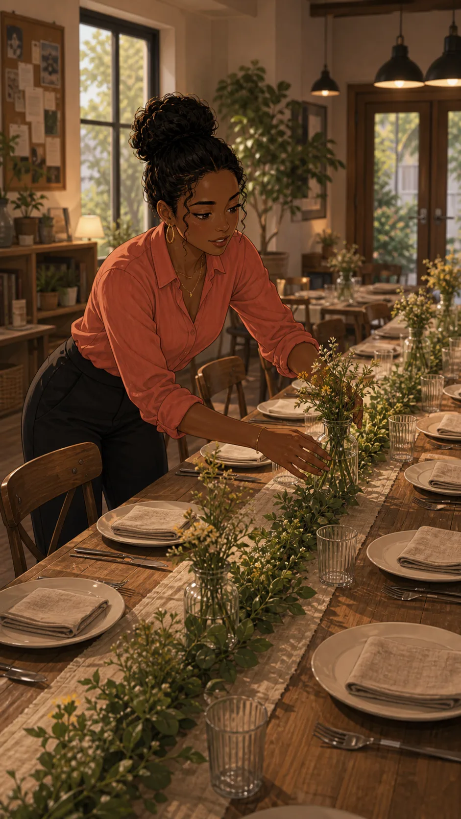 Maren arranges a community dinner table before guests arrive.