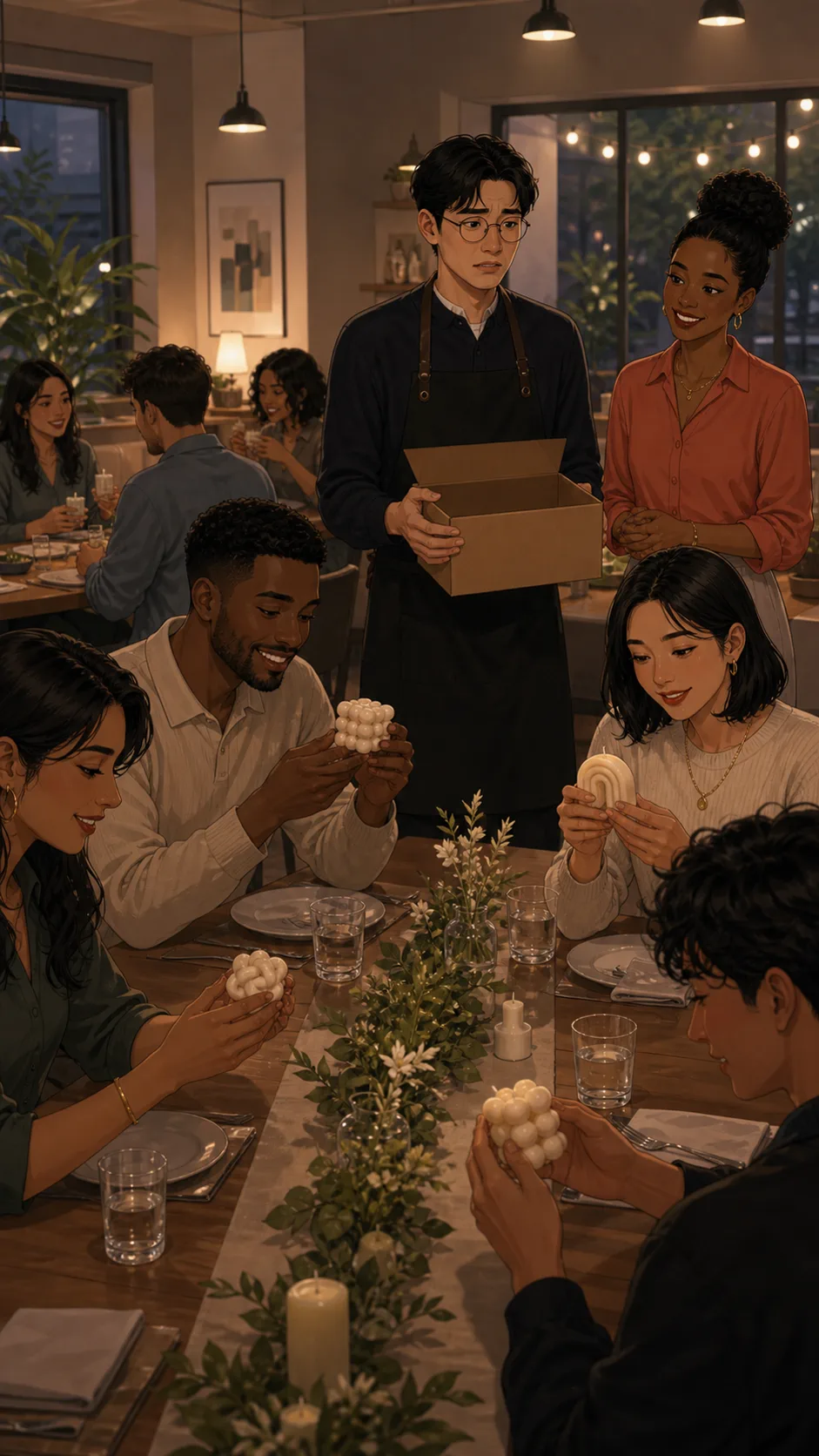 Guests admire Jun's candle samples while Jun looks uncomfortable.