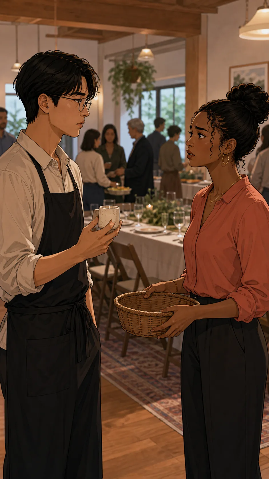 Jun and Maren discuss the candle samples near the dinner tables.