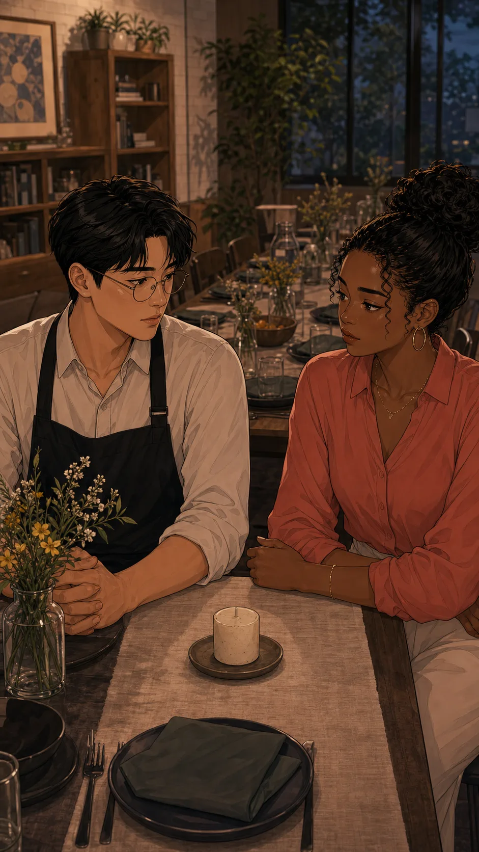Jun and Maren sit thoughtfully with one candle sample between them.