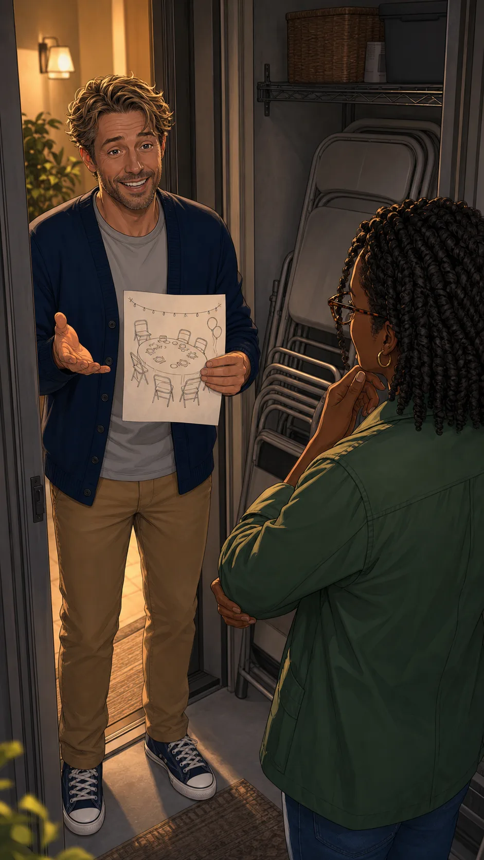 Cole asks Mina to borrow folding chairs in a generic apartment hallway.