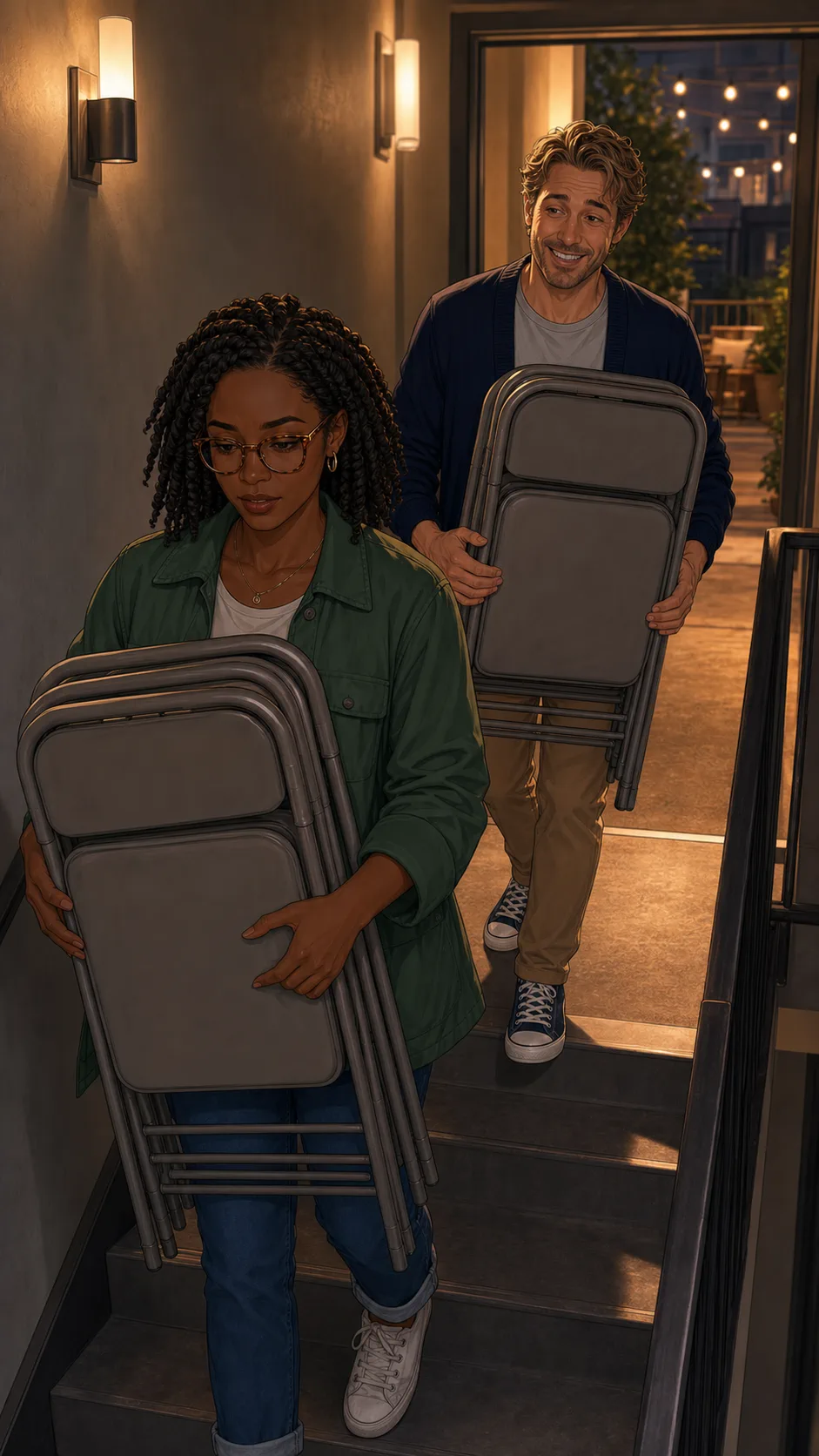 Mina and Cole carry folding chairs down apartment stairs.