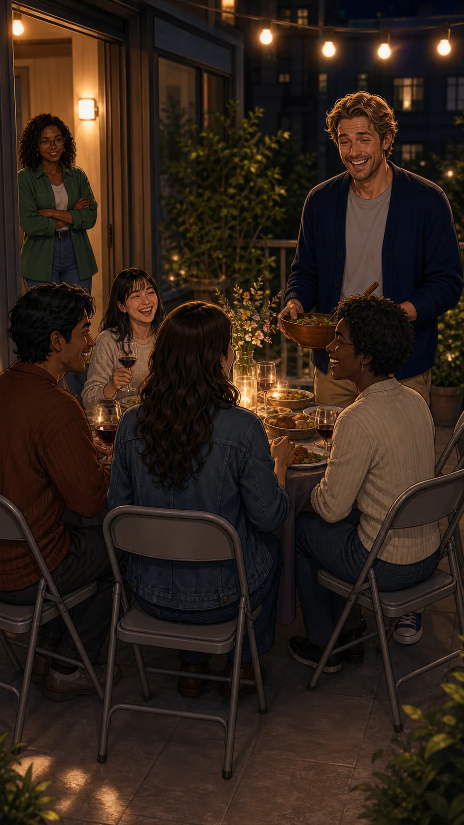 Guests sit on borrowed folding chairs at a generic patio dinner.