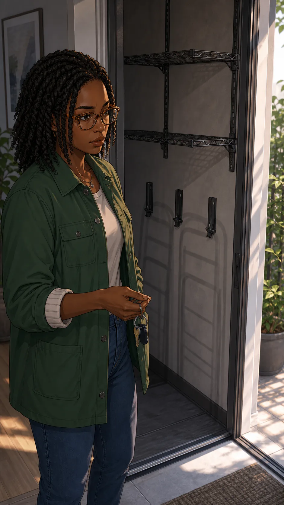 Mina looks at an empty chair rack in her storage nook.
