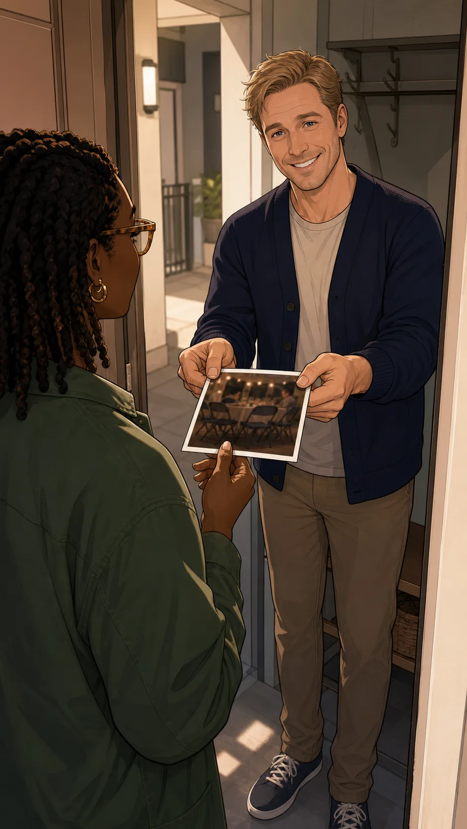 Cole gives Mina a framed thank-you photo in the hallway.