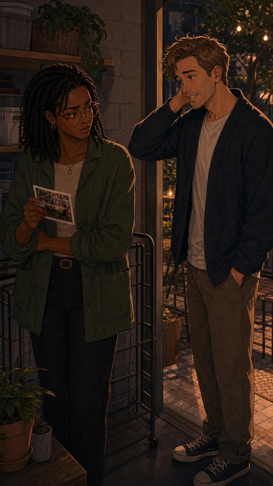 Mina and Cole stand beside an empty chair rack and a framed photo.