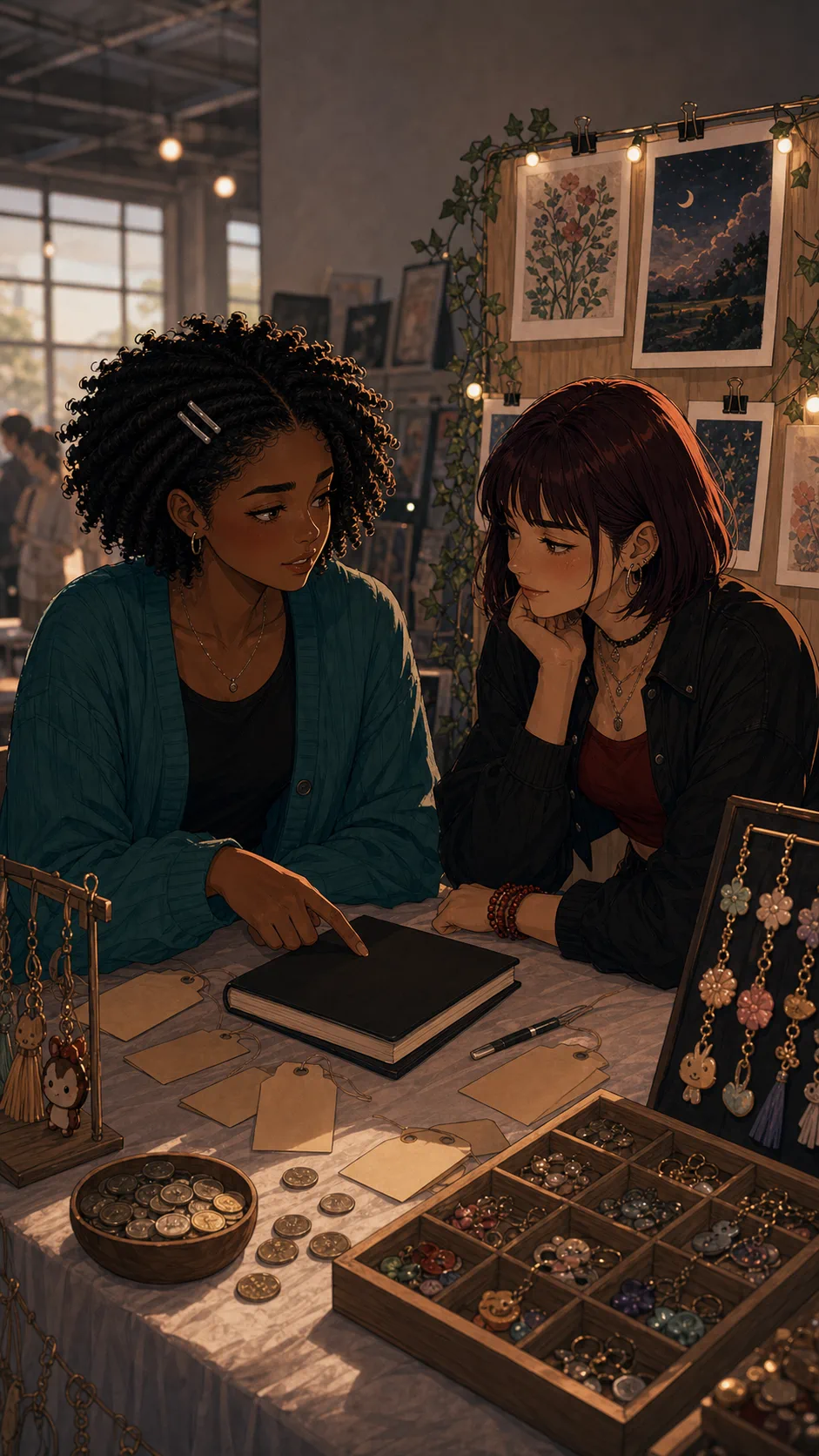 Two fictional friends review a simple pop-up booth plan beside handmade items.