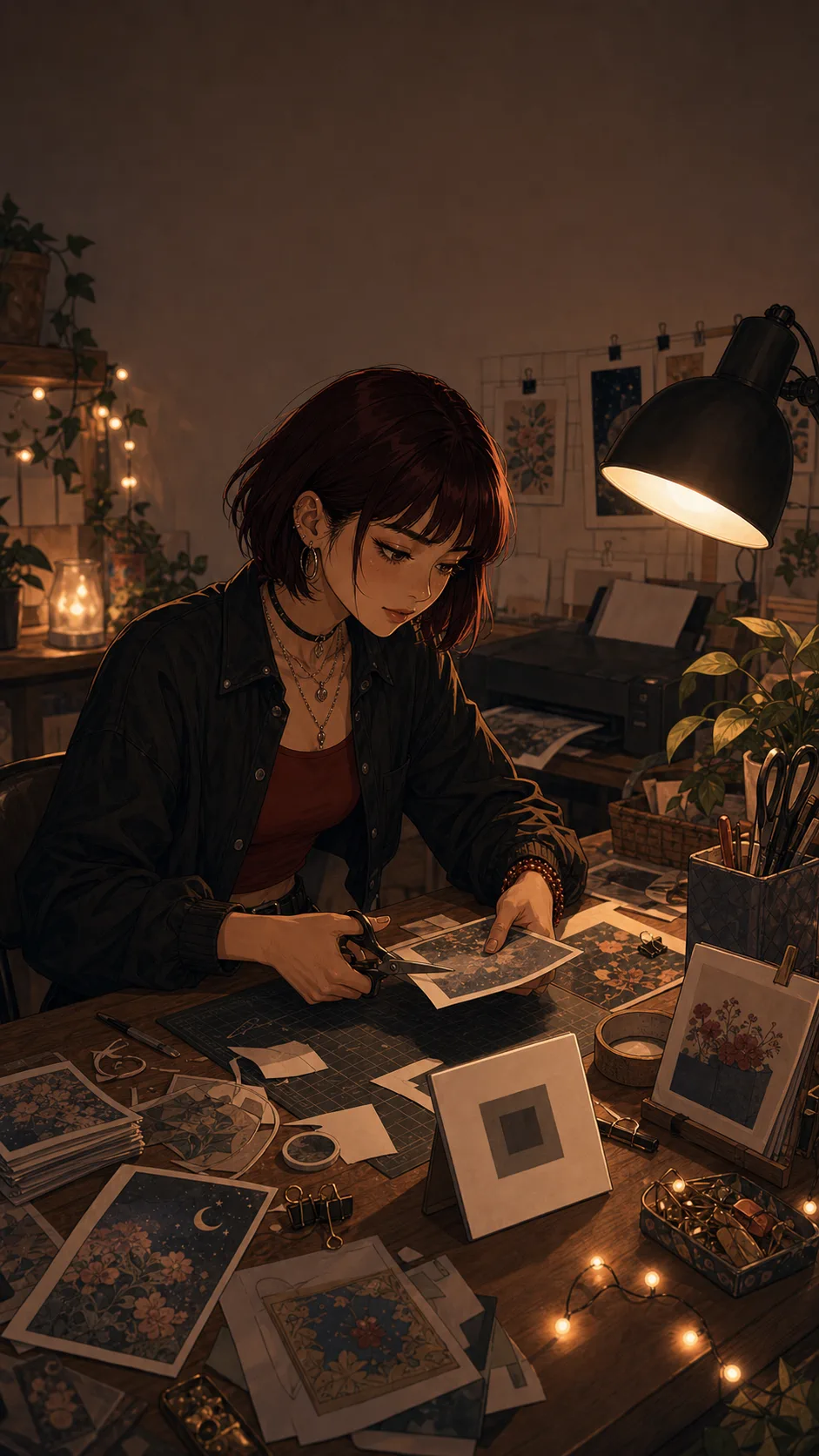 A fictional friend cuts small booth signs beside a nonfunctional square payment card.