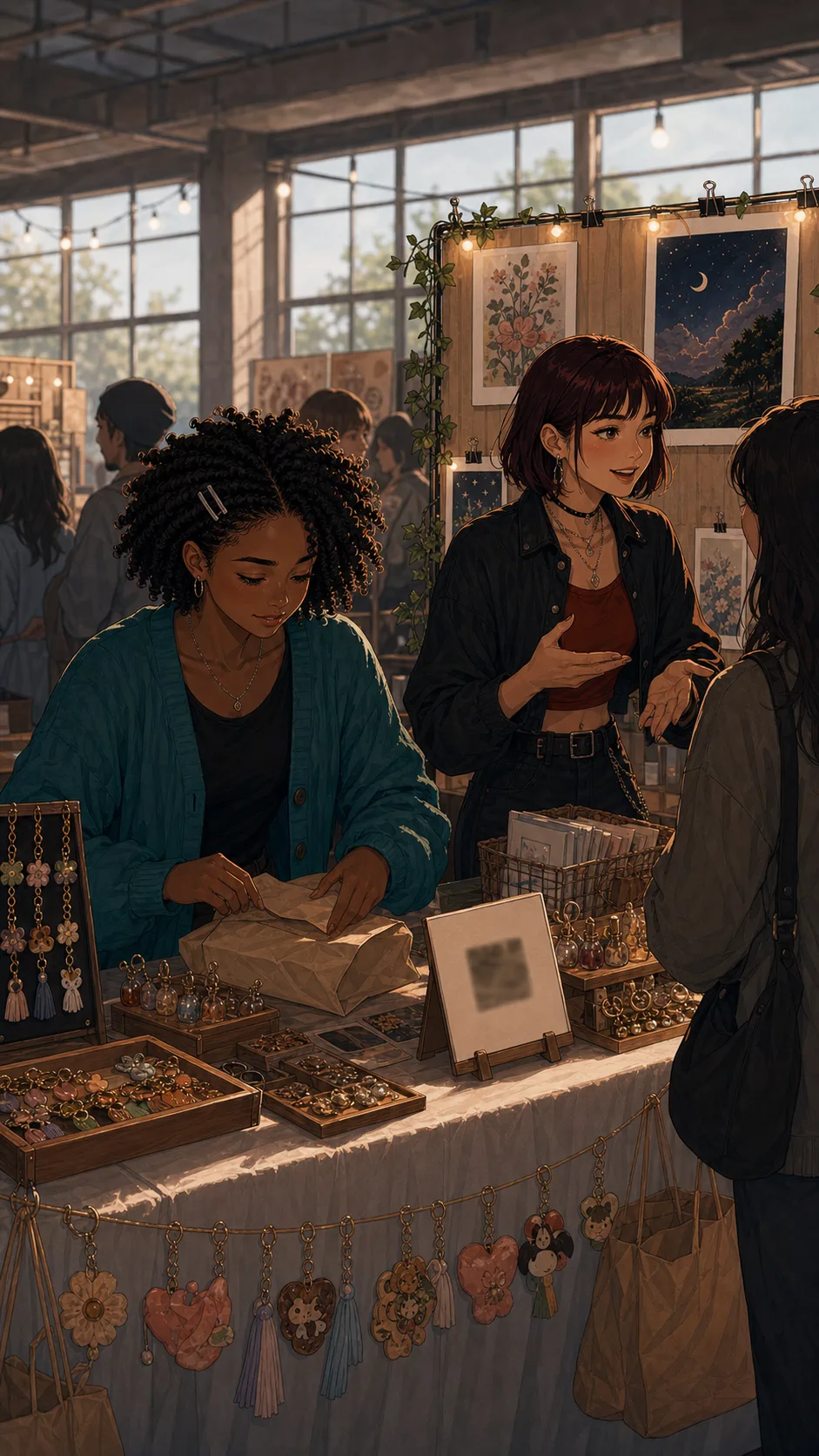 Two fictional friends help customers at a busy generic art pop-up booth.