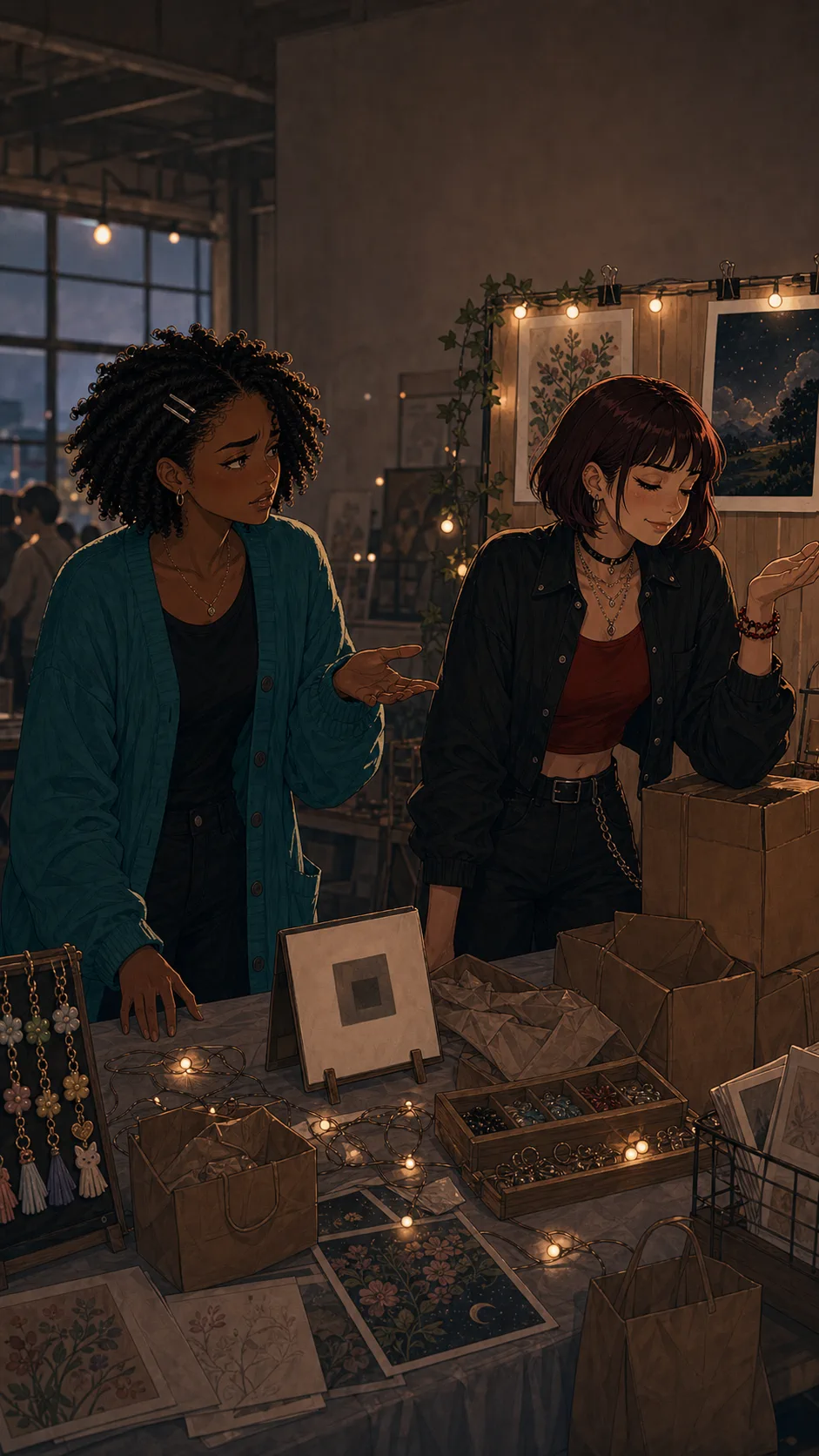 Two fictional friends talk tensely while packing up a pop-up booth.