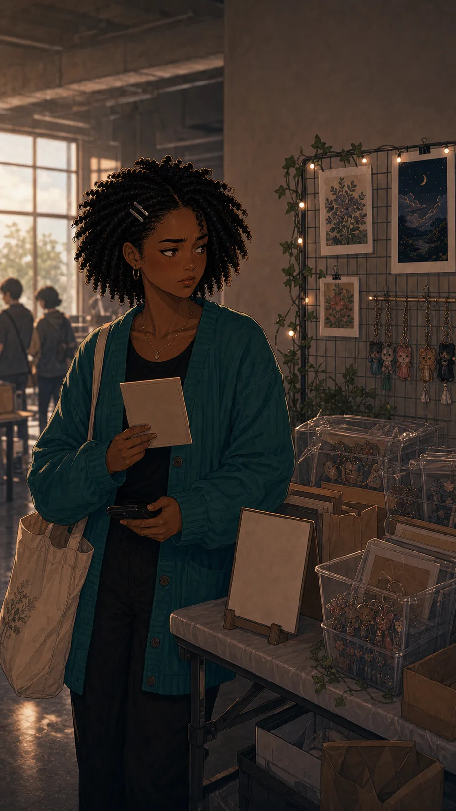 A fictional artist stands beside a packed pop-up table, deciding how to handle a tip disagreement.