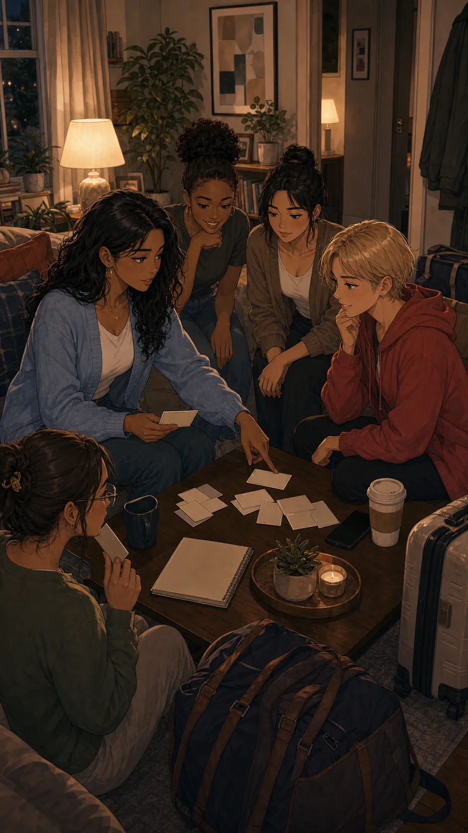 A fictional friend group reviews a blank room plan around a living room coffee table.