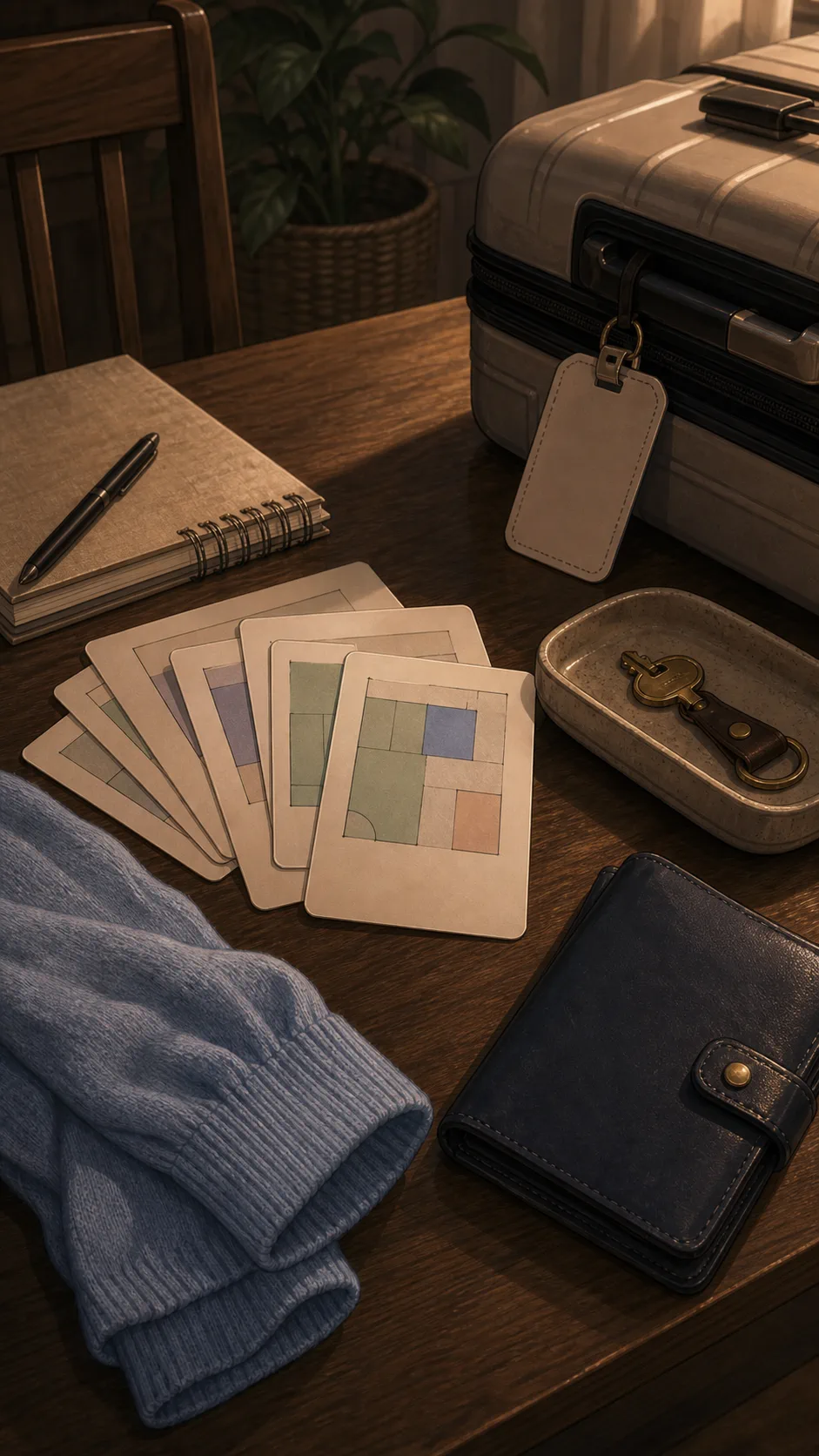 Blank room cards, a key tray, suitcase tag, and closed wallet sit on a generic travel table.