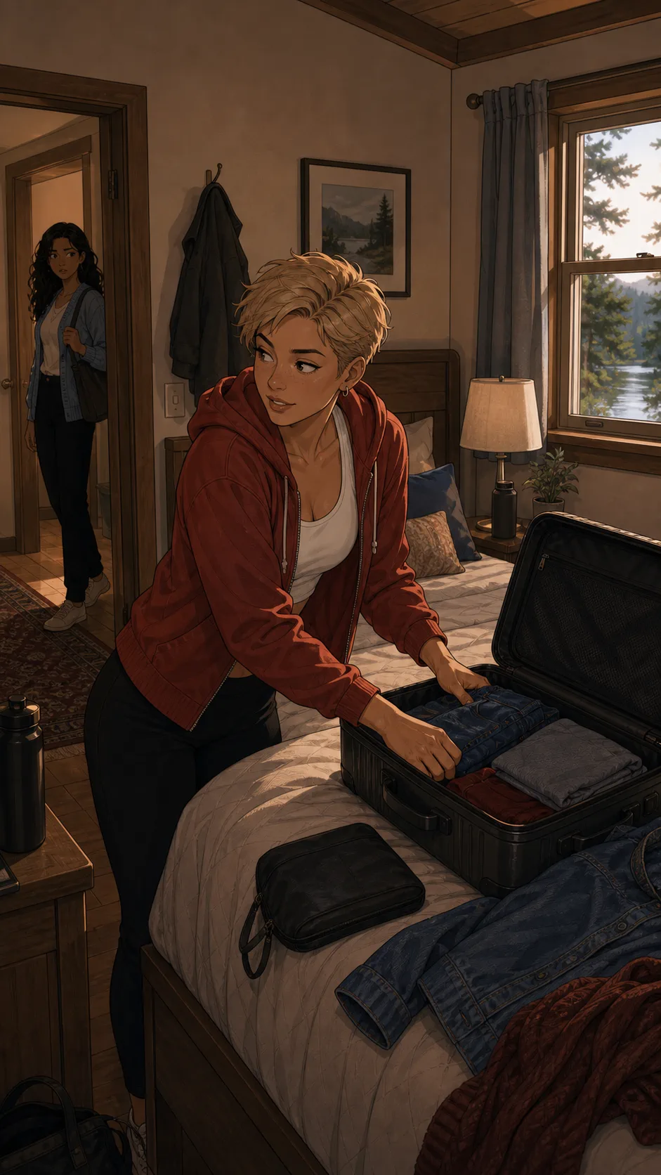 Jenna opens her suitcase on a bed in a small generic cabin room.