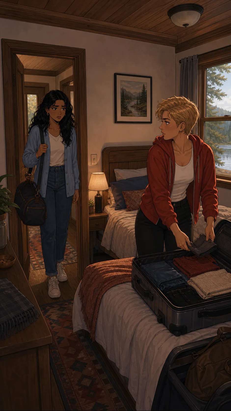 Aria finds Jenna's open suitcase on the bed in a small generic cabin room.