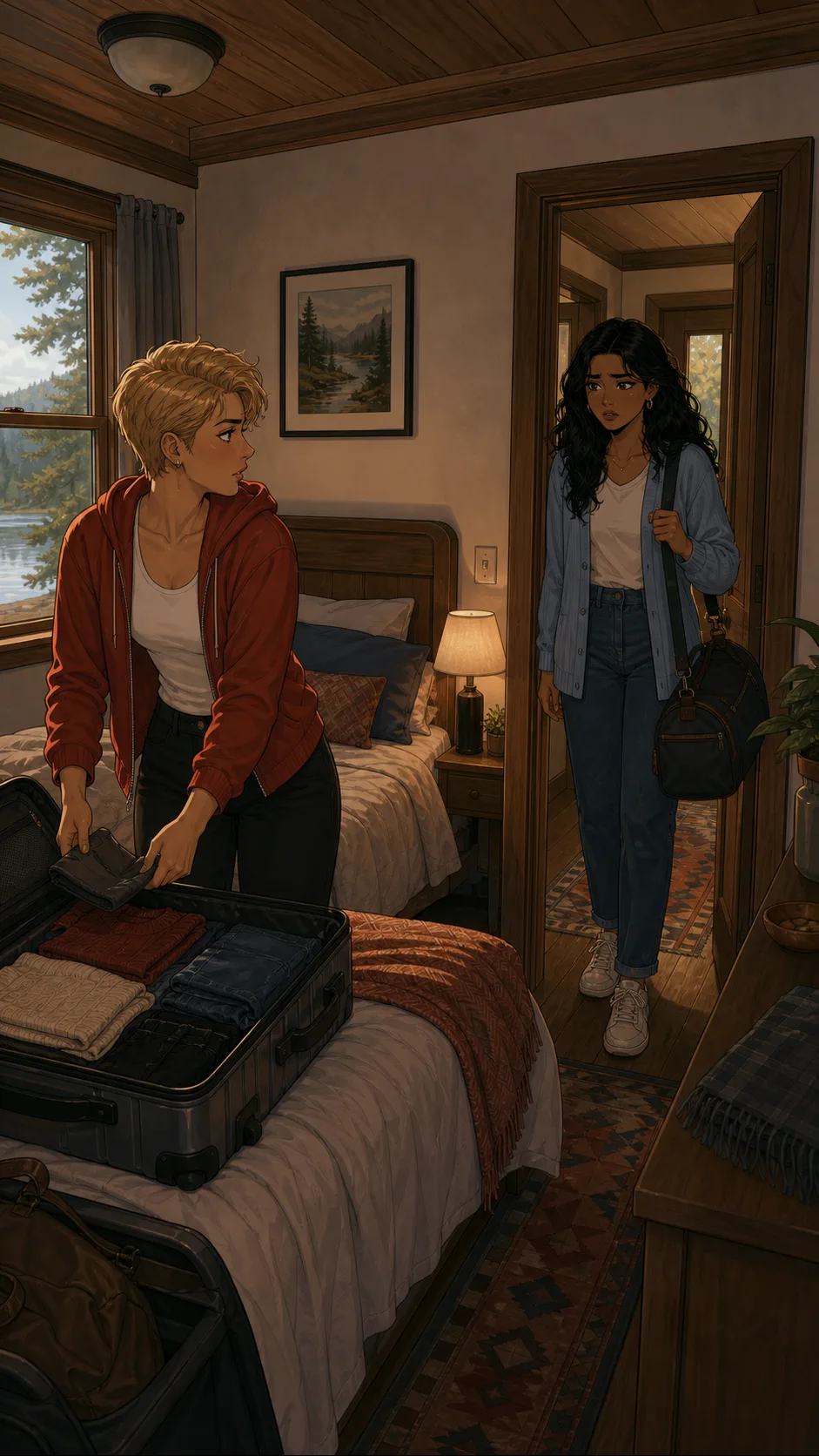 Aria and Jenna argue in a generic cabin hallway with a crowded shared room in the background.