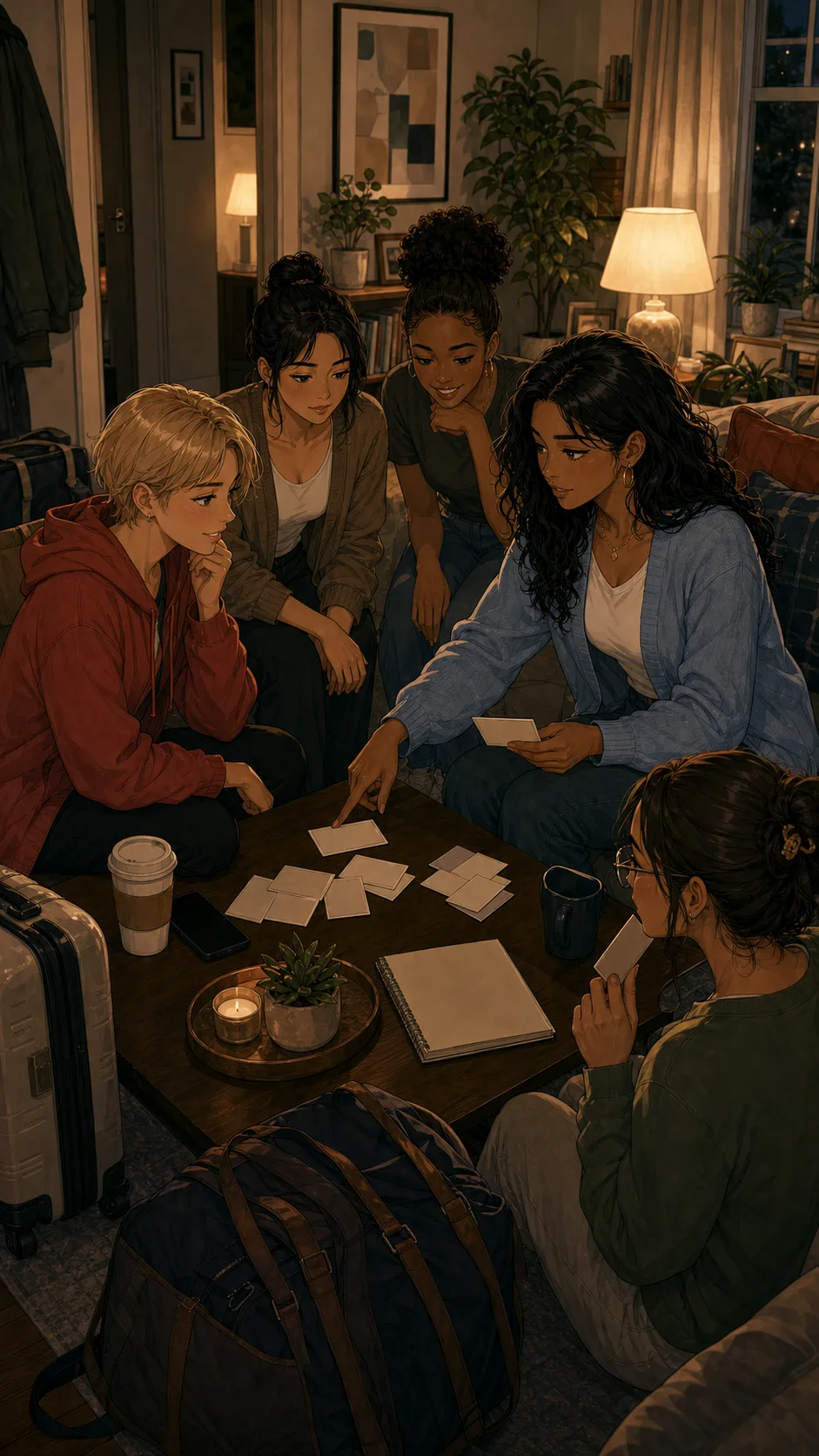 A fictional friend group discusses a room conflict in a generic cabin living room.