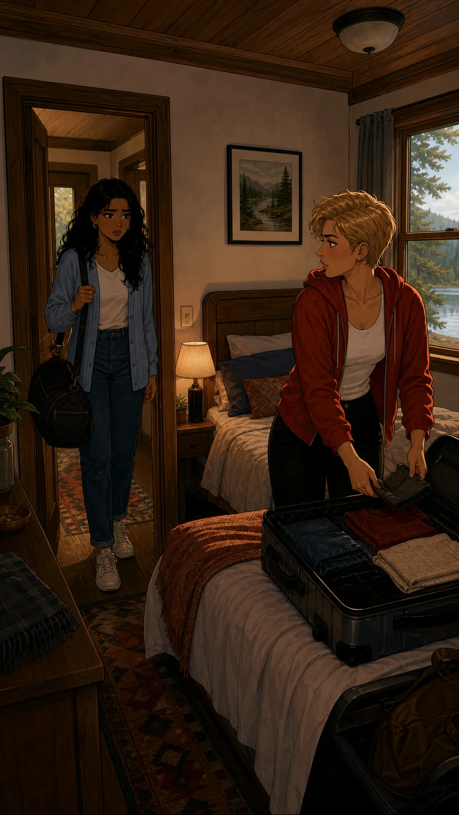 Aria stands in a small generic cabin room beside a bed and a closed suitcase.