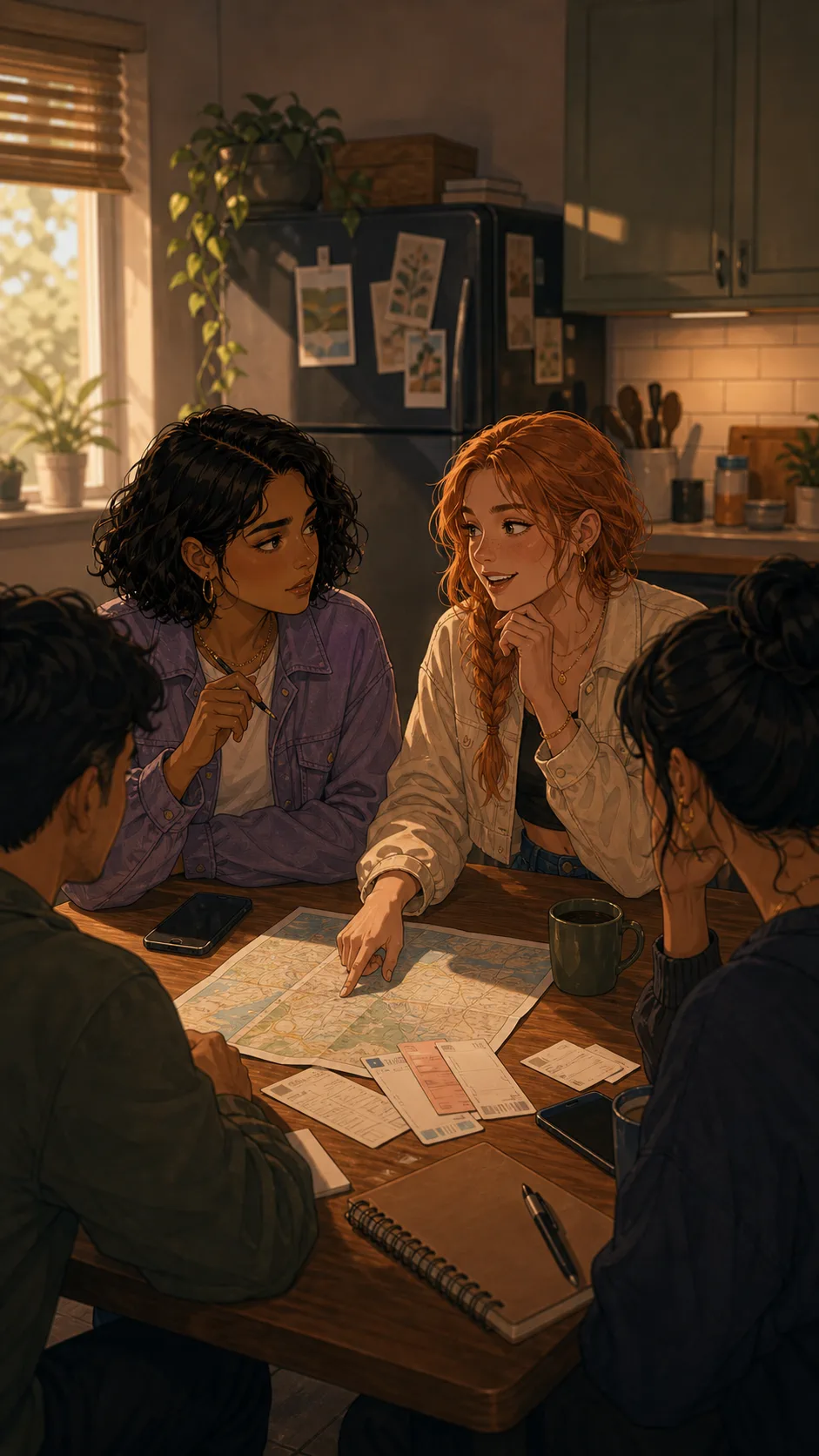 Fictional friends plan a weekend train trip around a kitchen table.