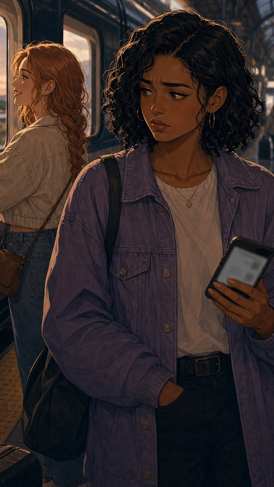 A fictional friend sits by a train window while another looks unsettled beside her.