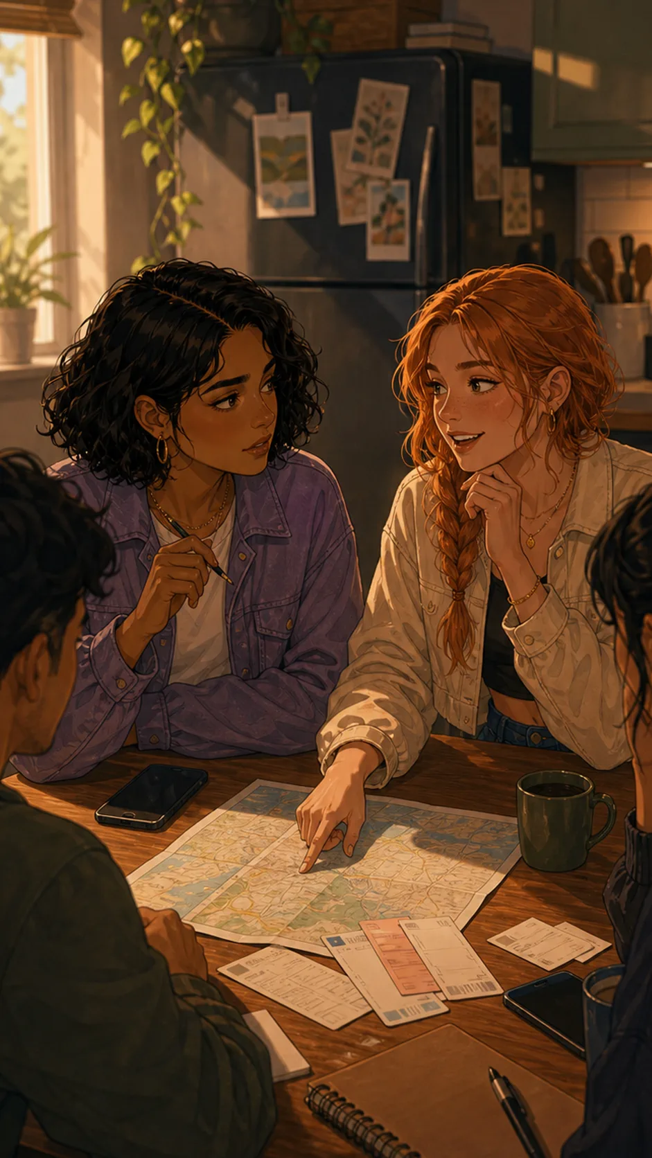 A fictional traveler looks tired while her friend shows blurred window photos after a train ride.