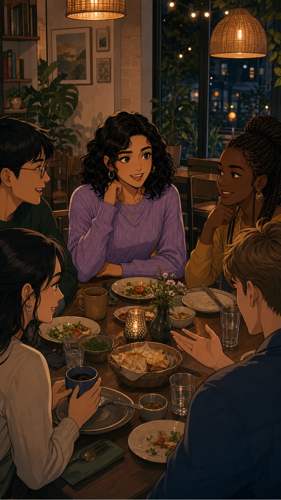 Lina sits at a casual language exchange dinner.