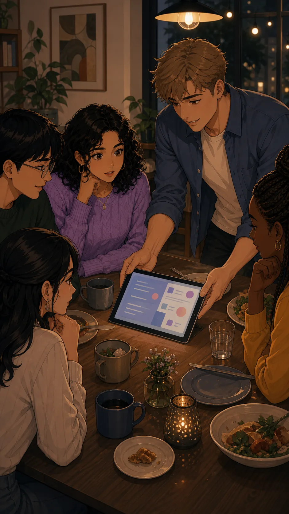 Nico places a tablet translation app on the dinner table.