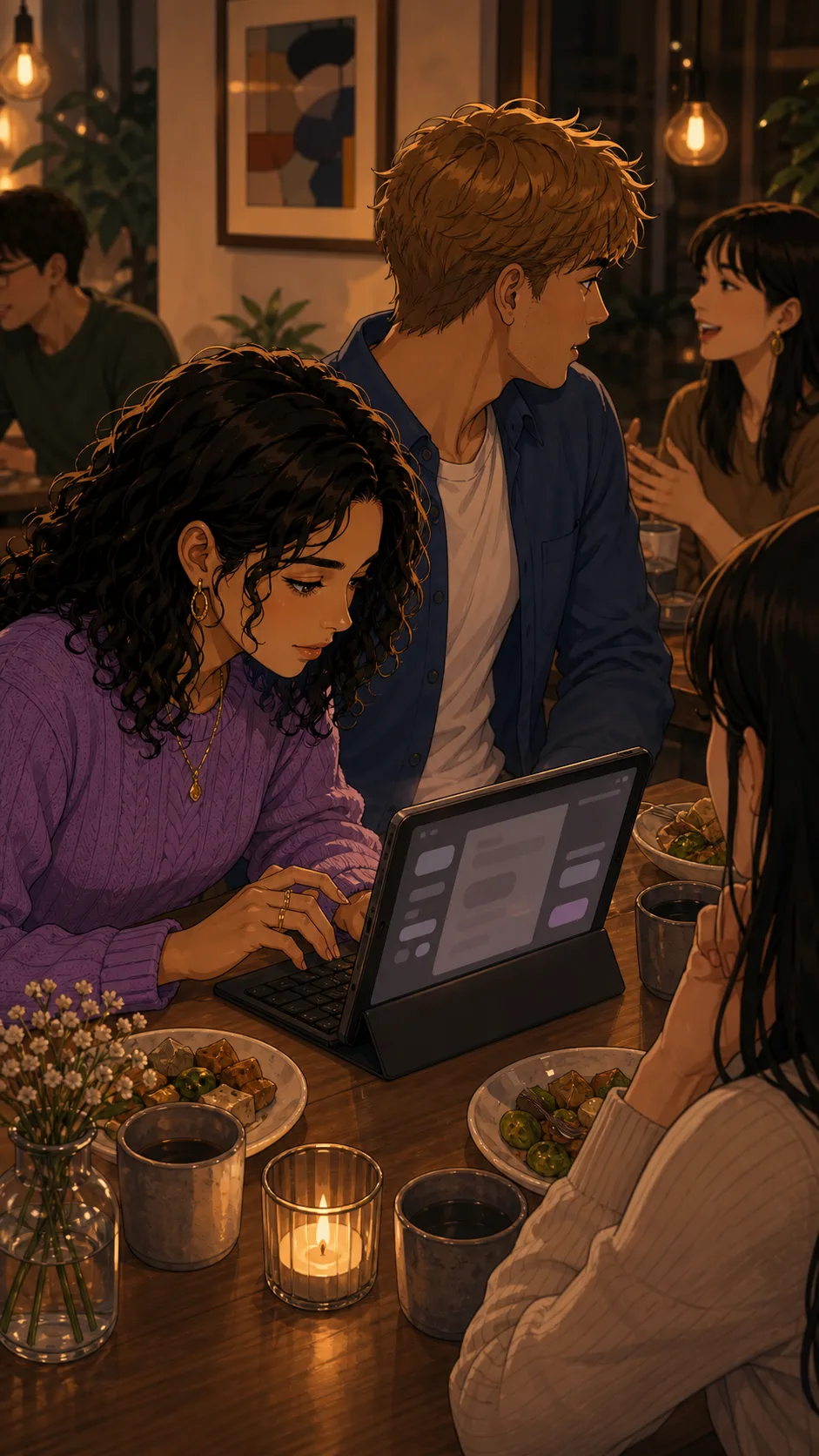 Lina quietly types a private note into the tablet.