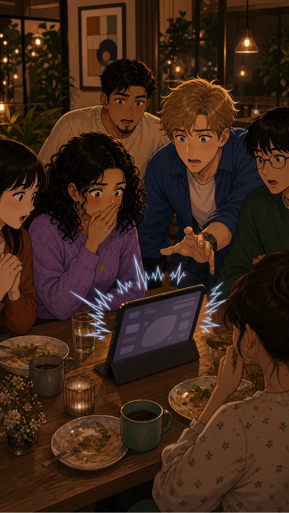 The tablet plays Lina's typed note out loud while the table reacts.