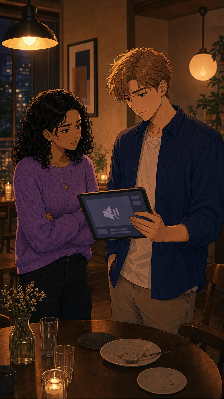 Lina and Nico look at the muted tablet after dinner.