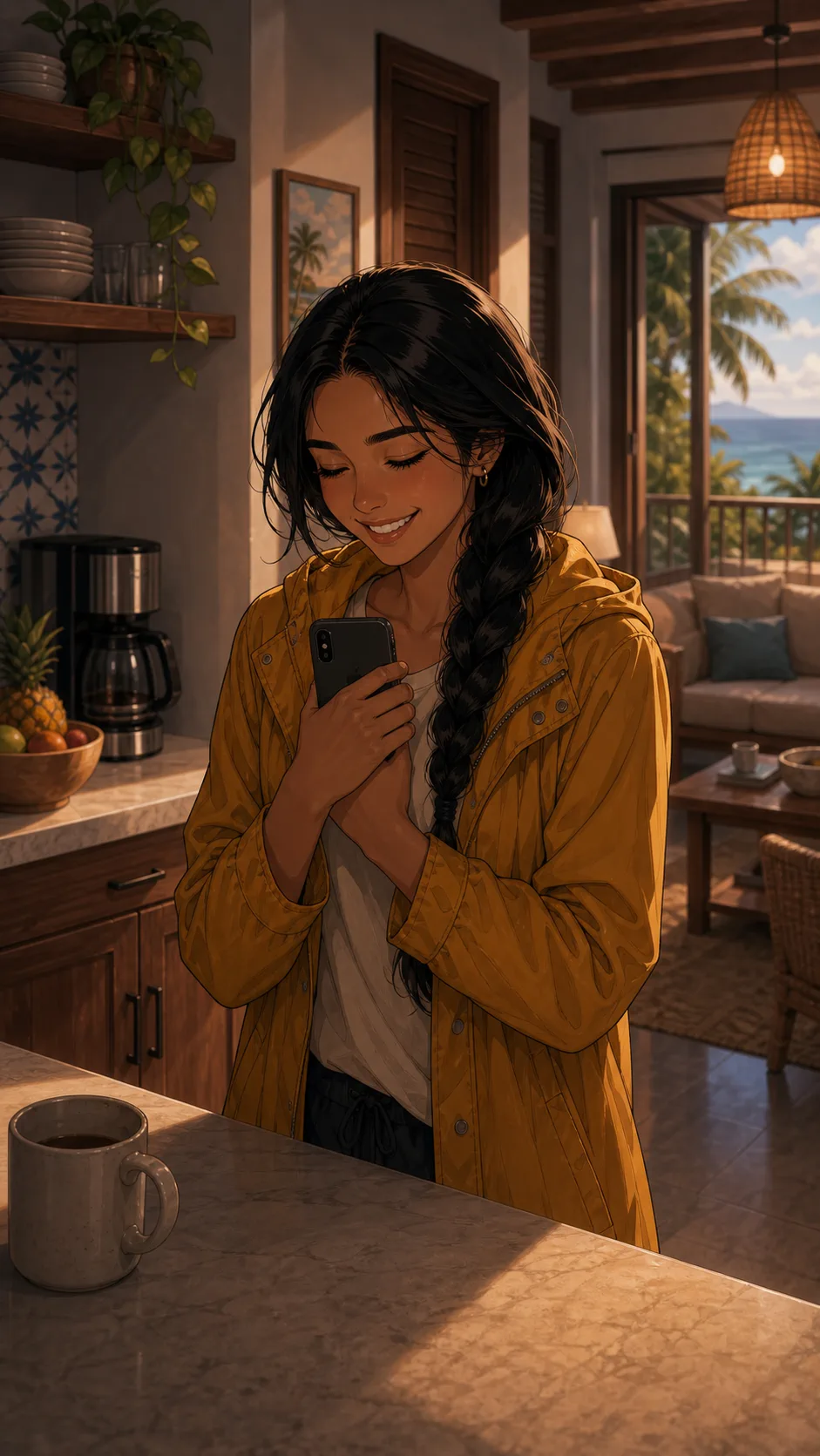 Maya checks a refund on her phone in a vacation rental kitchen.