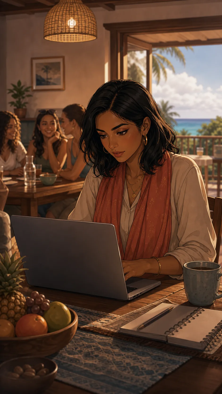 Priya reviews the group trip budget on a laptop.