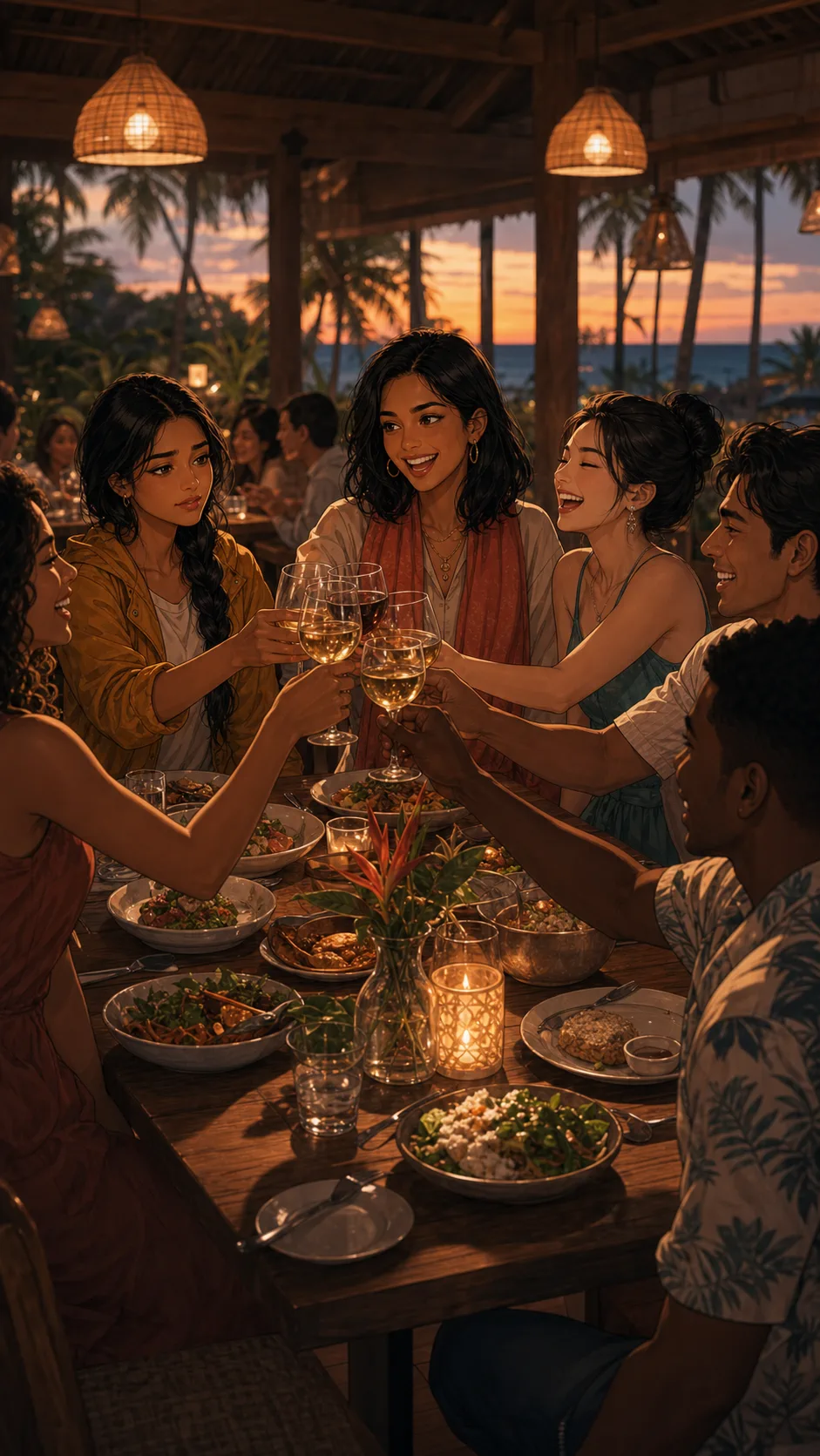 The group celebrates at an upgraded dinner during the trip.