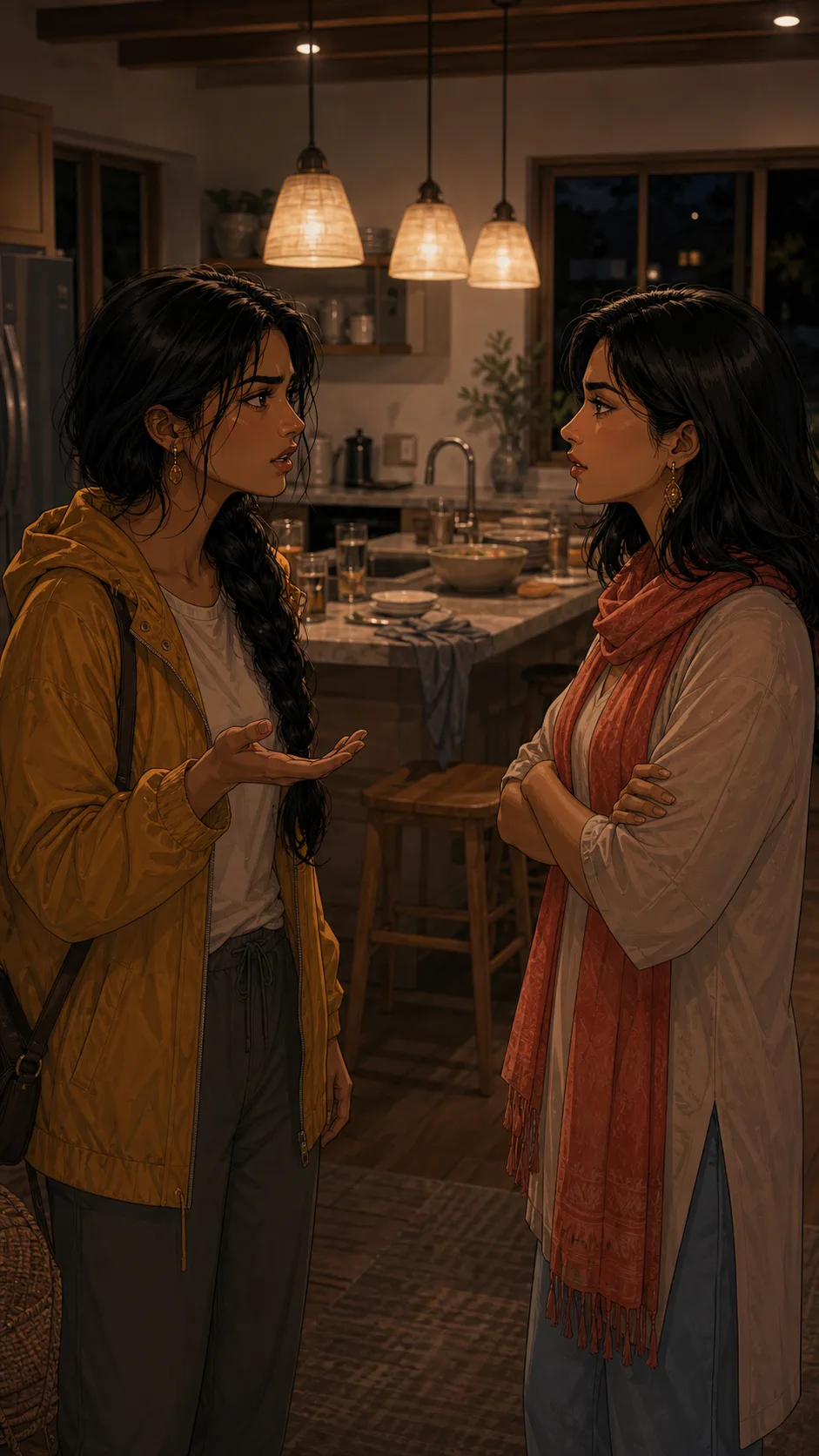 Maya confronts Priya in the rental kitchen about the refund.