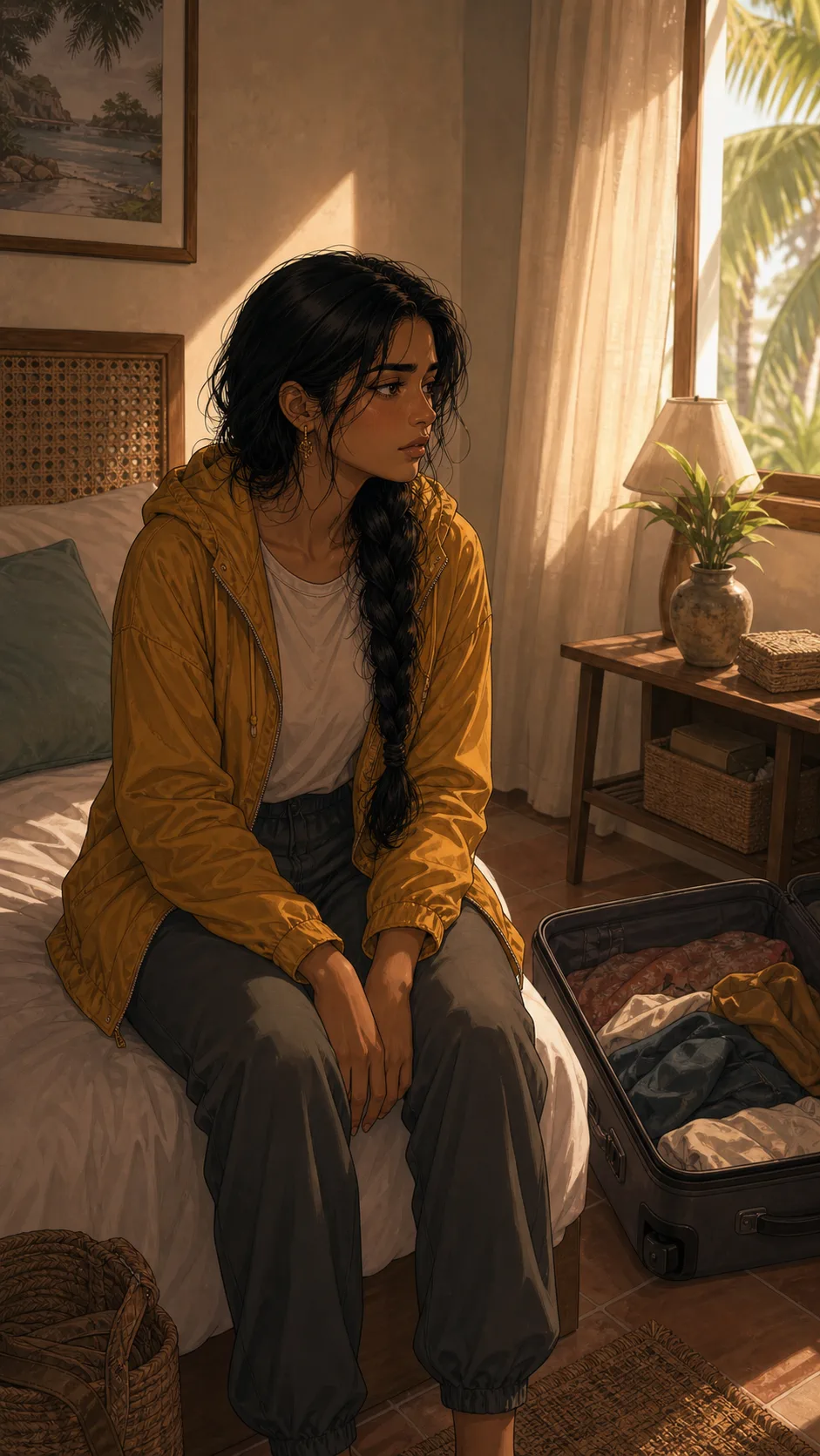 Maya sits on the smaller bed deciding what to do about the refund.