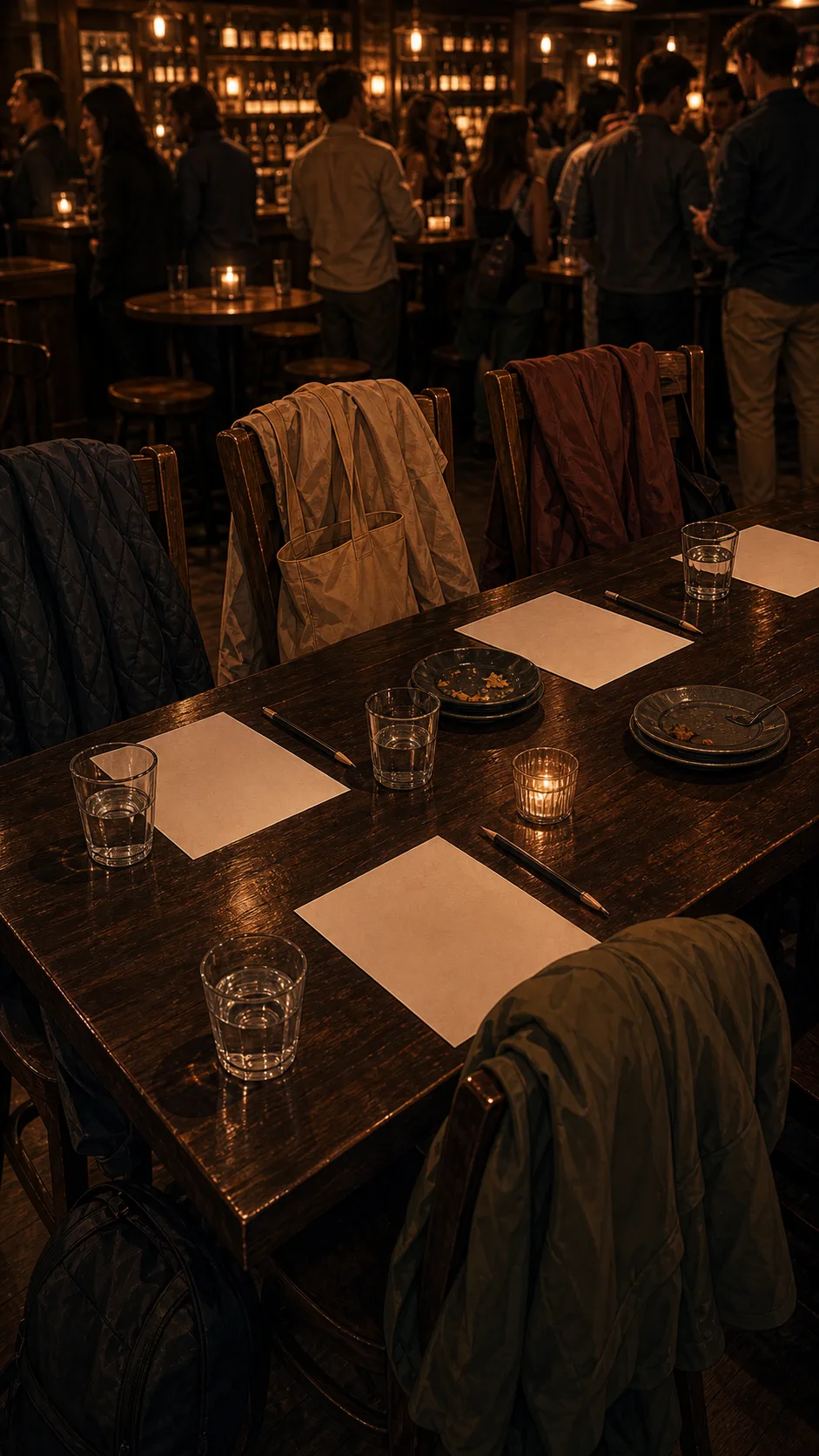 Four empty chairs with coats and a tote sit around a generic trivia table with blank cards and pencils.